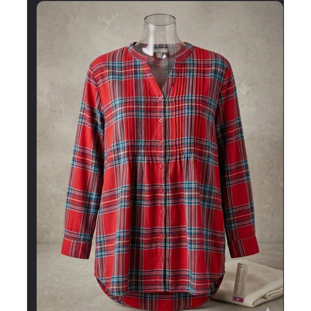 Woman Within Red Plaid Pintuck Tunic Top Long Sleeve Button Front 1X 22/24
